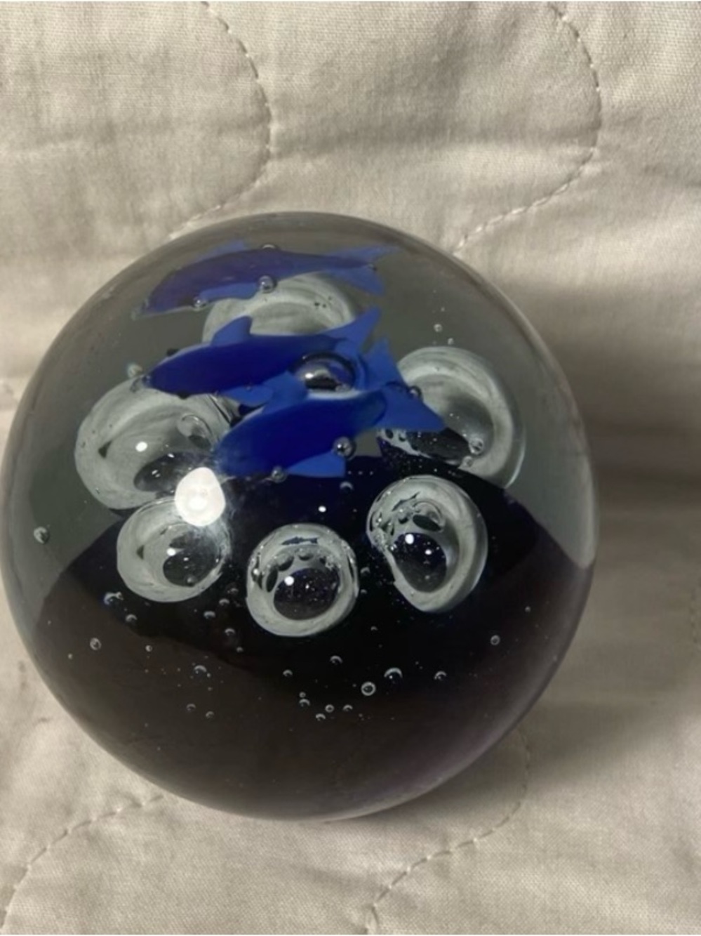 Glass Ocean Paperweight with 3 blue dolphins 🐬
